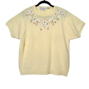 Vintage Cottagecore Butter Yellow Floral Embroidered Short Sleeve Knit Top